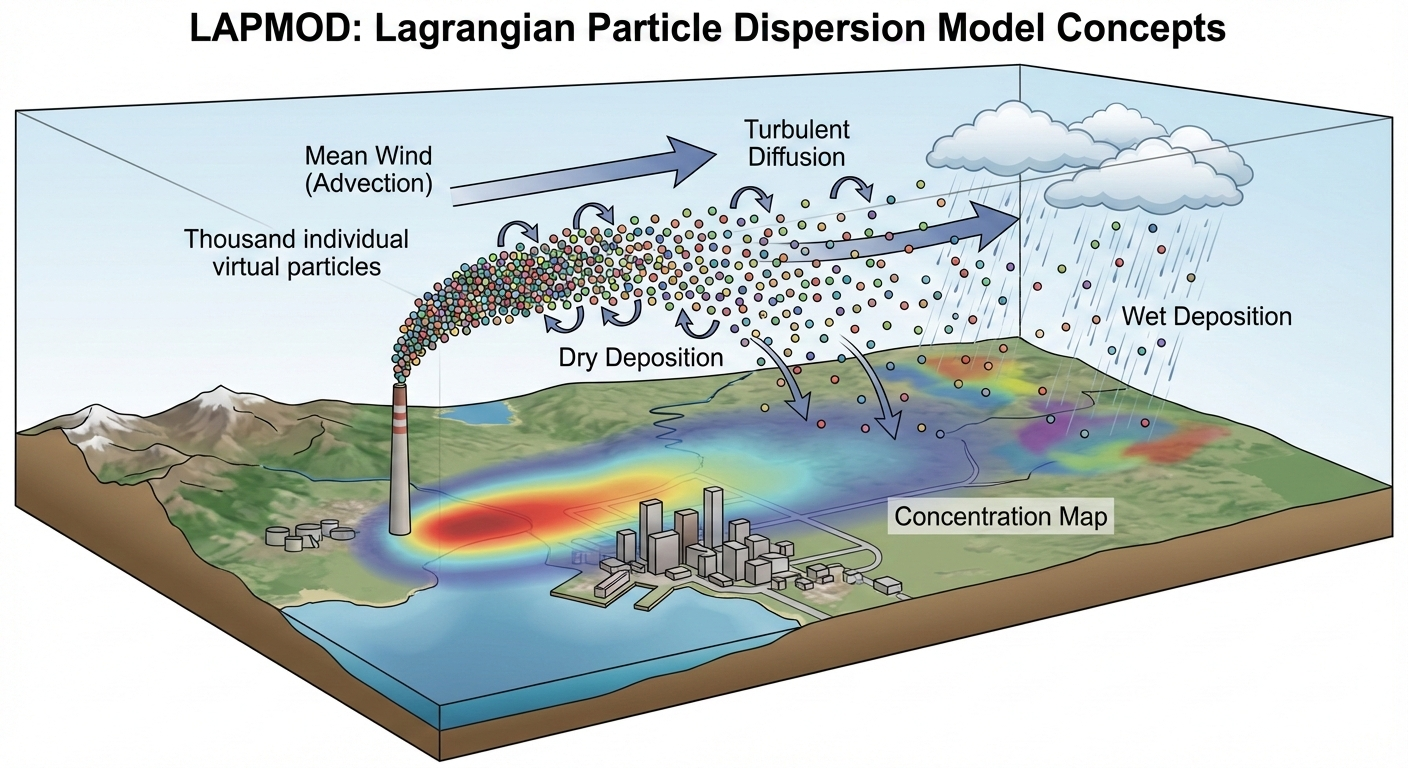 Schema del modello LAPMOD: dati meteorologici ed emissioni producono mappe di concentrazione, deposizioni e serie temporali.